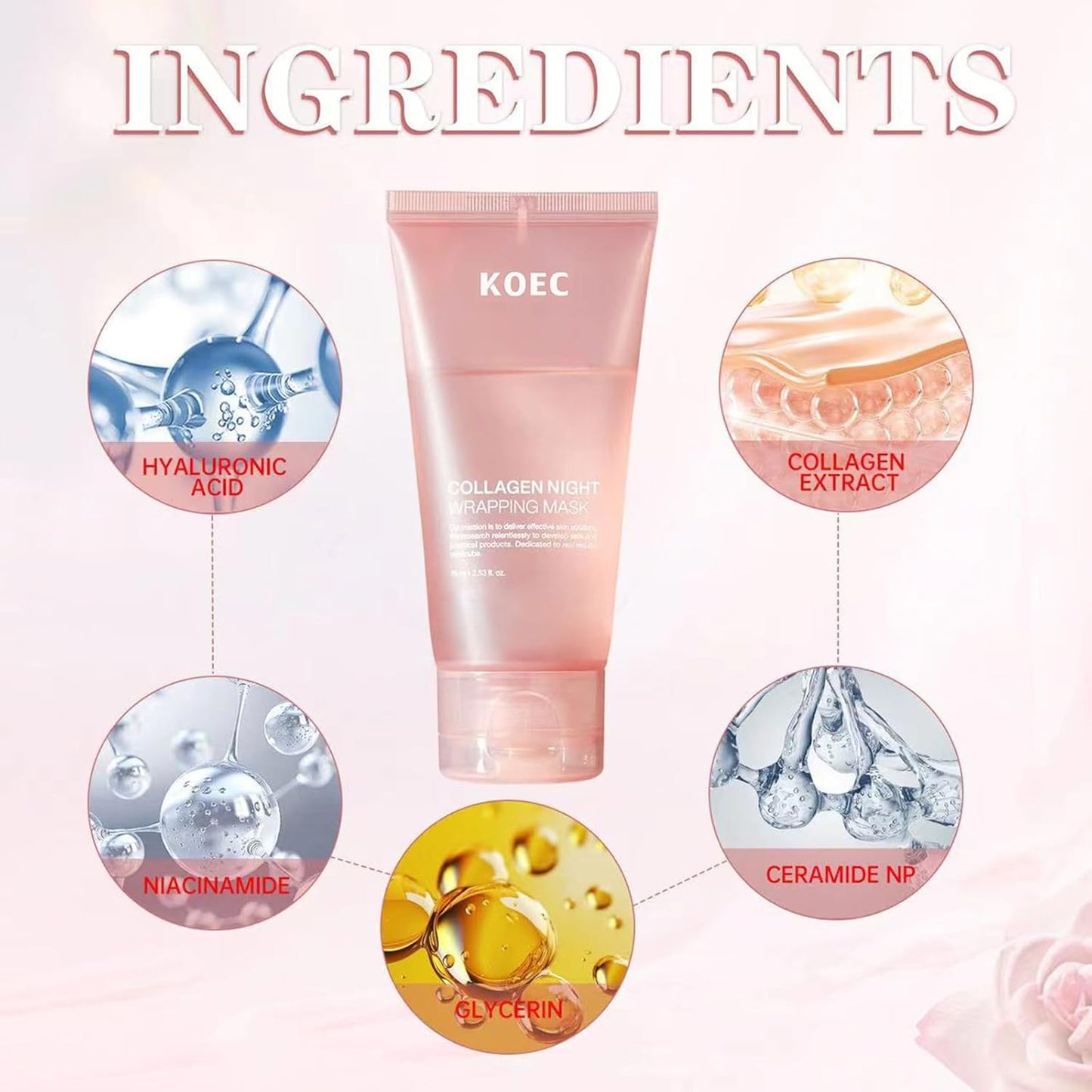 Collagen Night Wrapping Face Mask, Peel off Hydrolyzed Collagen Facial Mask for Elasticity & Hydration Care, Reduces Sagging & Dullness, 2.54 Fl.Oz