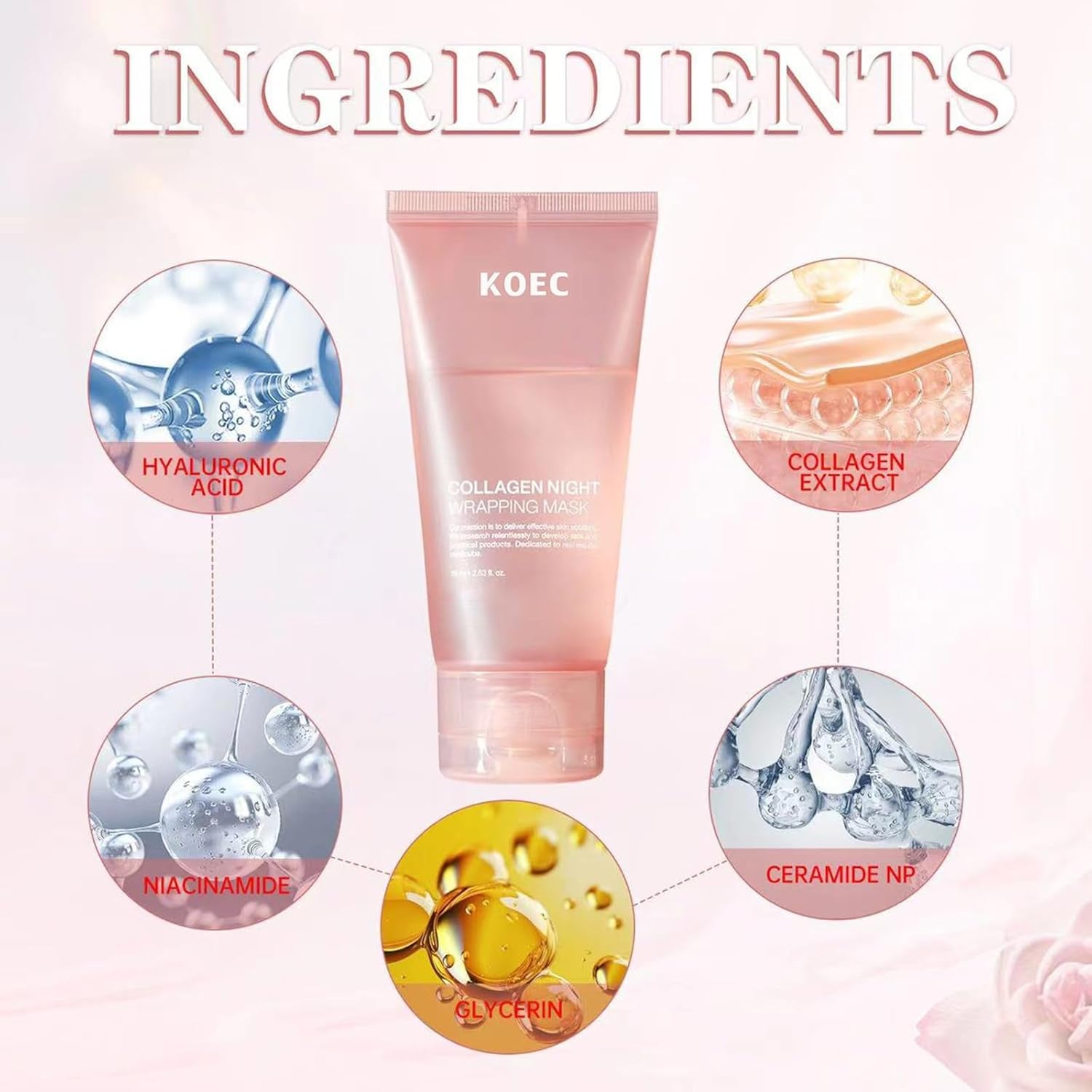 Collagen Night Wrapping Face Mask, Peel off Hydrolyzed Collagen Facial Mask for Elasticity & Hydration Care, Reduces Sagging & Dullness, 2.54 Fl.Oz