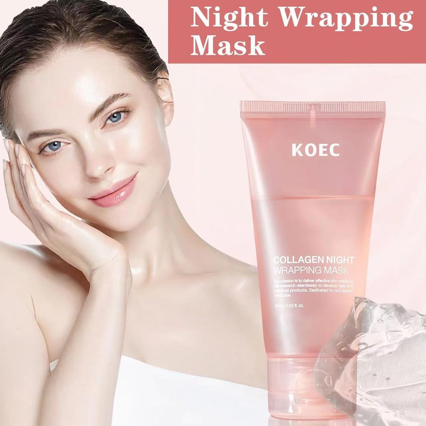 Collagen Night Wrapping Face Mask, Peel off Hydrolyzed Collagen Facial Mask for Elasticity & Hydration Care, Reduces Sagging & Dullness, 2.54 Fl.Oz
